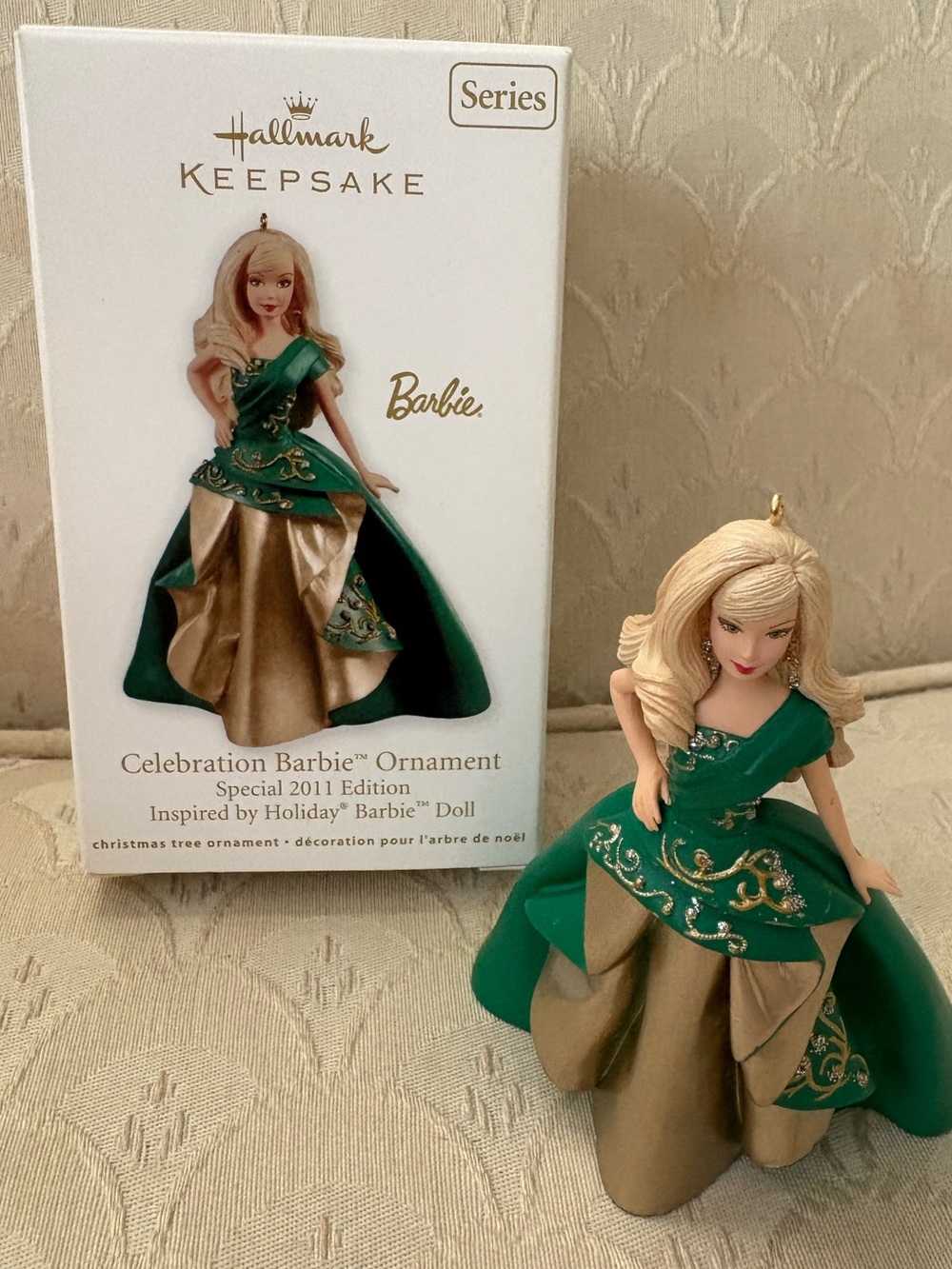 Hallmark Keepsake 2011 Barbie  Celebration Ornament Green/Gold Dress   With Box
